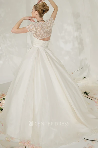 A-Line Sweetheart Beaded Maxi Cap-Sleeve Satin Wedding Dress With Illusion Back