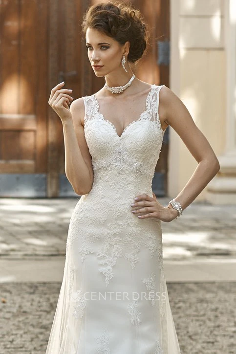 Sheath Floor-Length Sleeveless Appliqued V-Neck Lace&Satin Wedding Dress