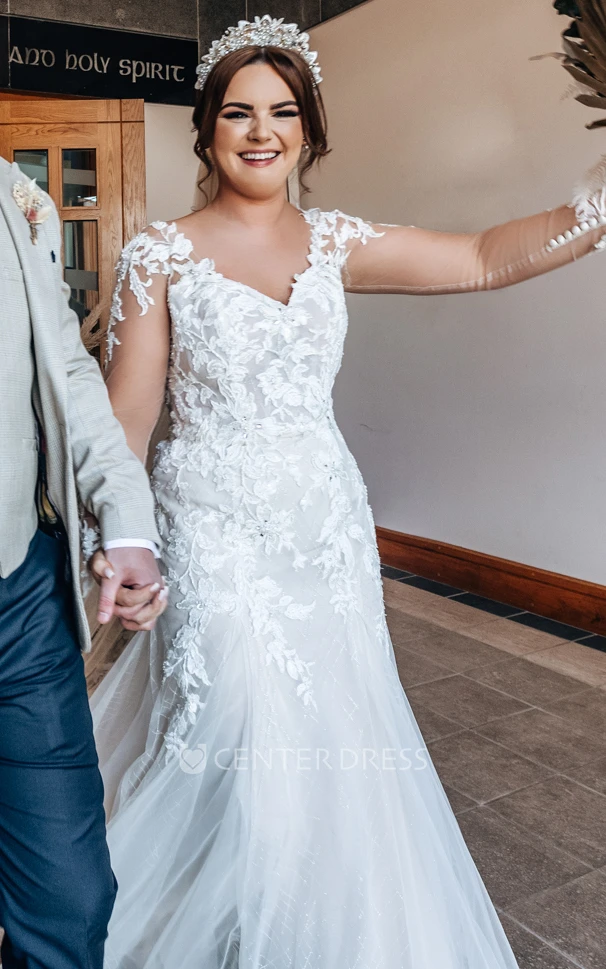 Mermaid Spring V-neck Long Sleeve Lace Elegant Wedding Dress Floor-length Women Garden