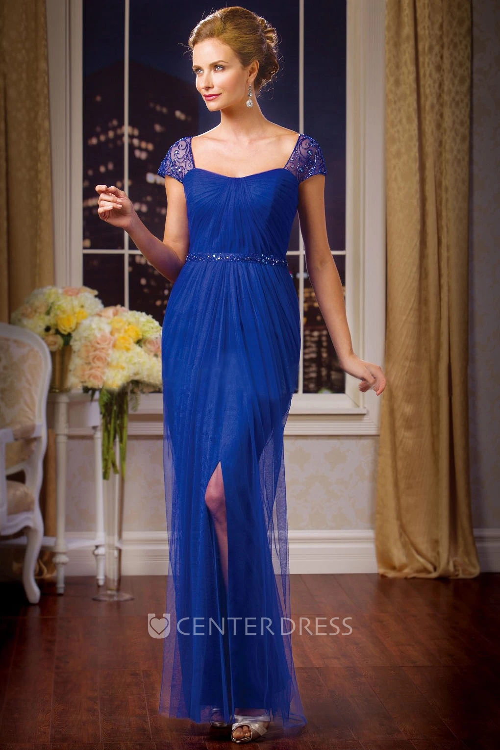 Cap-Sleeved Square-Neck Mother Of The Bride Dress With Front Slit And Sequins