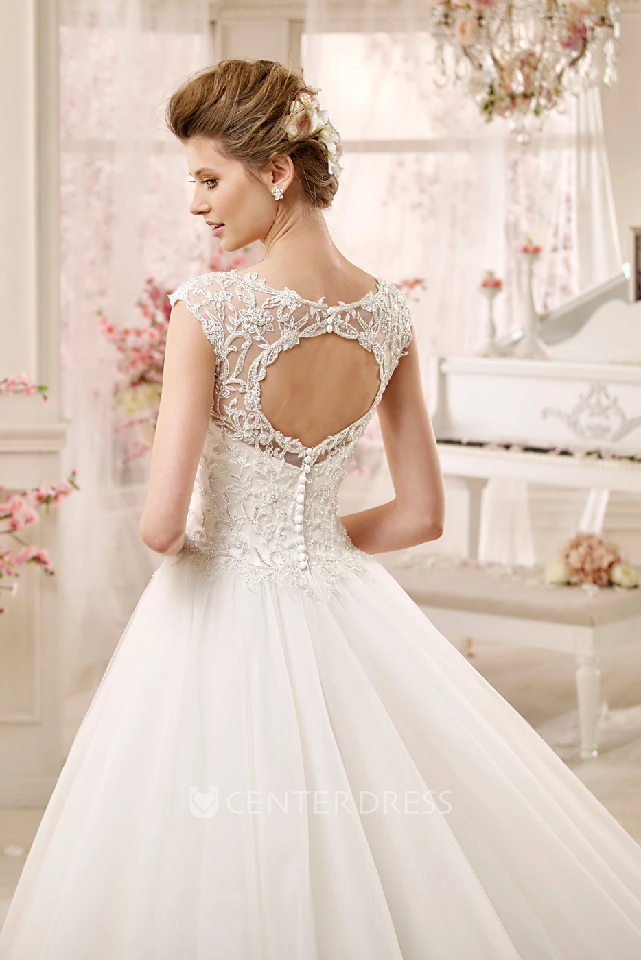 Cap sleeve A-line Wedding Gown with Lace Bodice and Keyhole Back