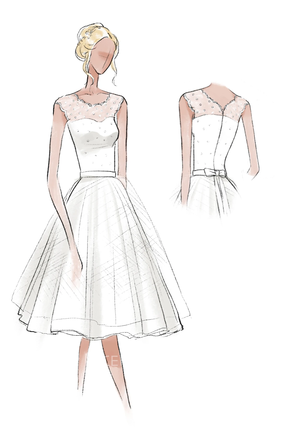 1950s A-Line Cap Sleeve Tea-Length Tulle Lace Spring Wedding Dress