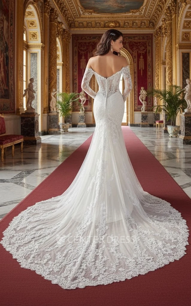 Mermaid Off the Shoulder Lace Boho Wedding Dress Beach Illusion Corset Gown