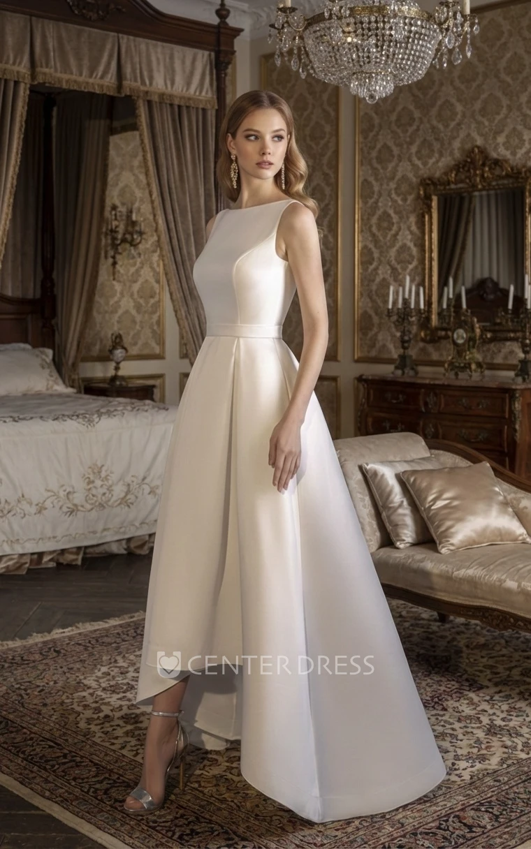 Simple Elopement High Low A-Line Modest Spring Wedding Dress Casual High Neck Ankle Length Vow Renewal Bridal Gown