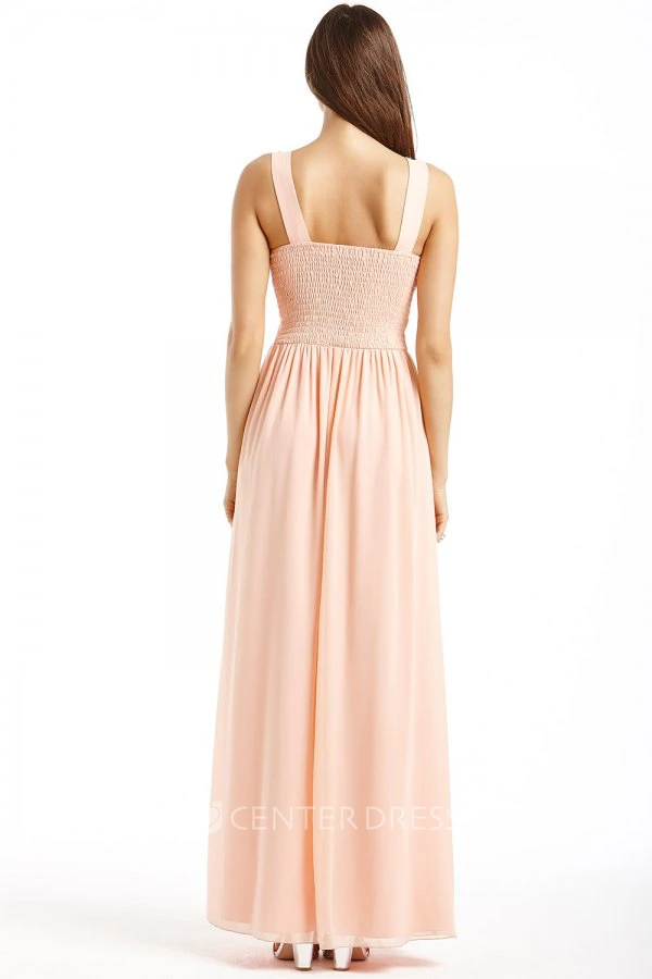 Ankle-Length Ruched Bateau Neck Sleeveless Chiffon Bridesmaid Dress