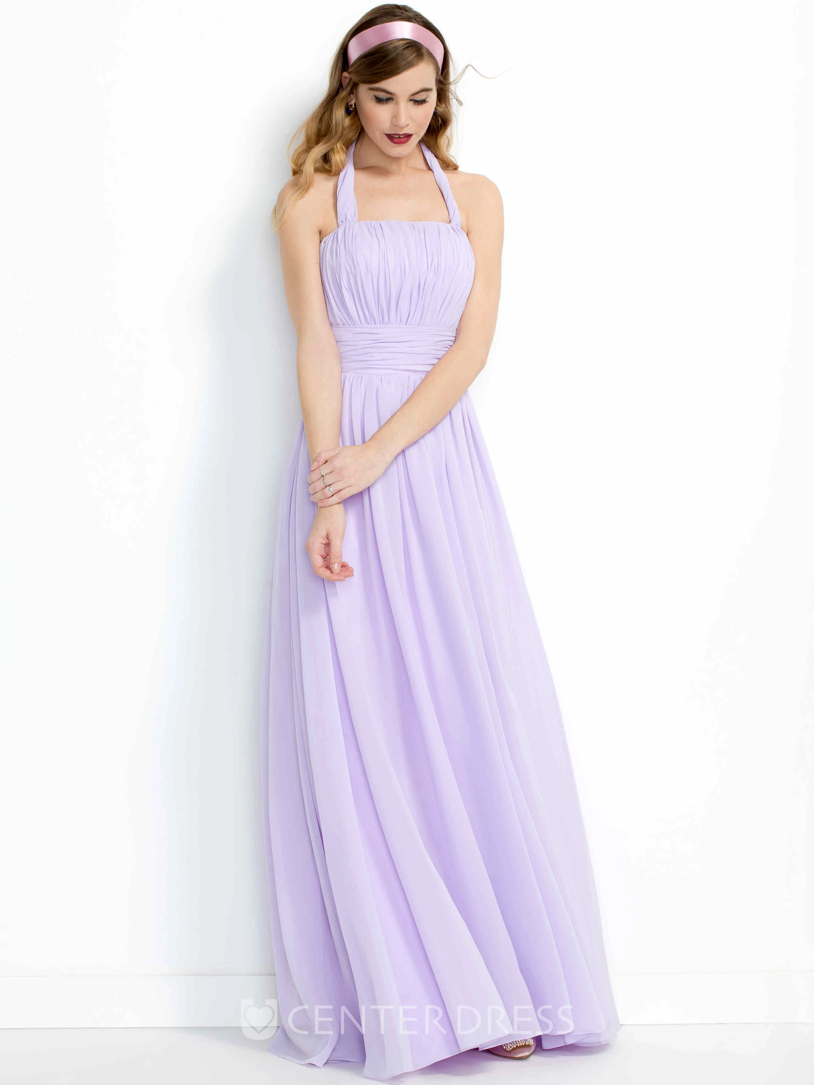 Sheath Halter Sleeveless Pleated Chiffon Bridesmaid Dress With Ruching