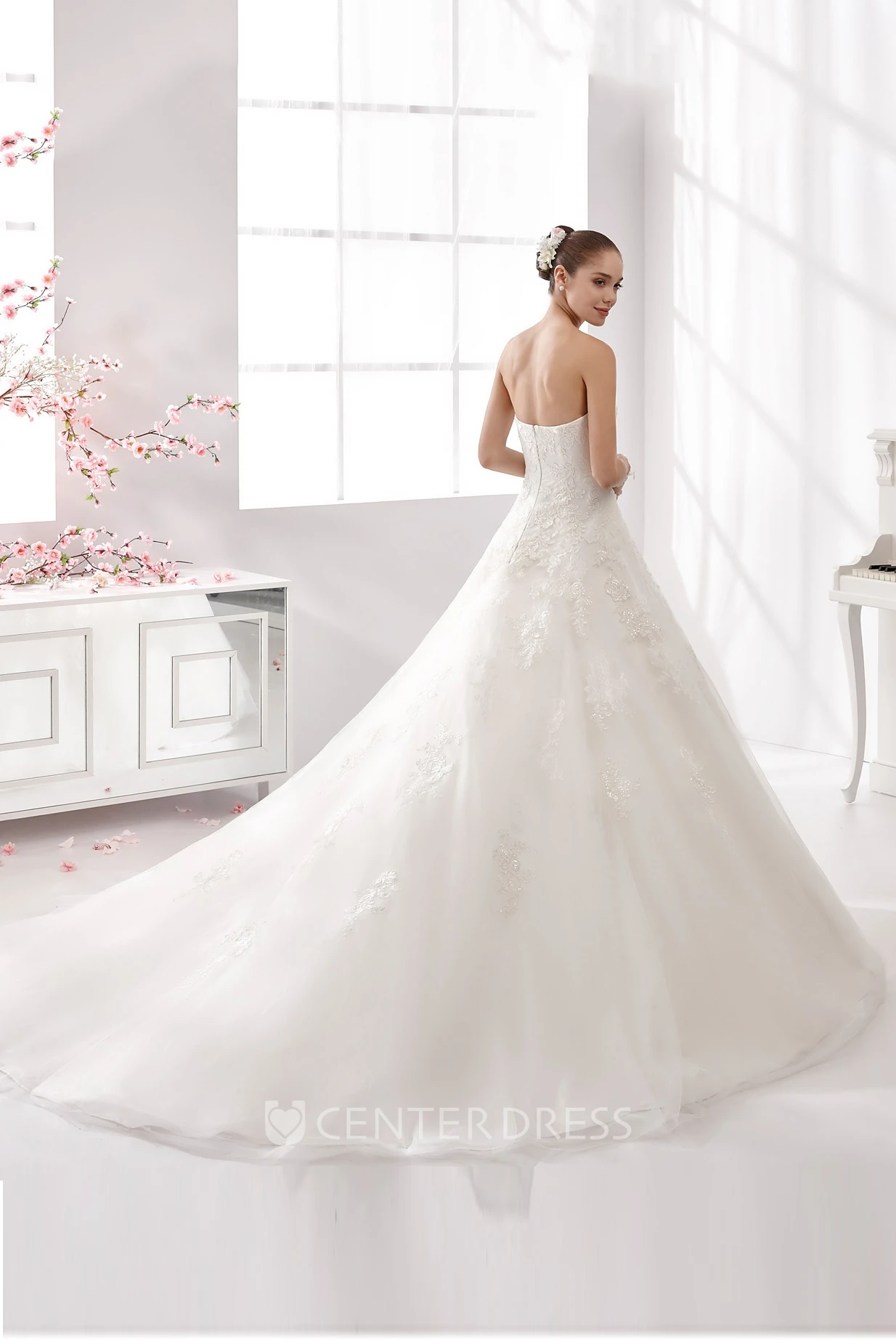 Sweetheart Lace A-Line Gown With Beaded Lace Appliques And Brush Train