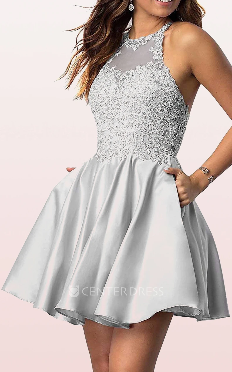 Sexy A Line Satin Lace Jewel Sleeveless Homecoming Dress with Appliques