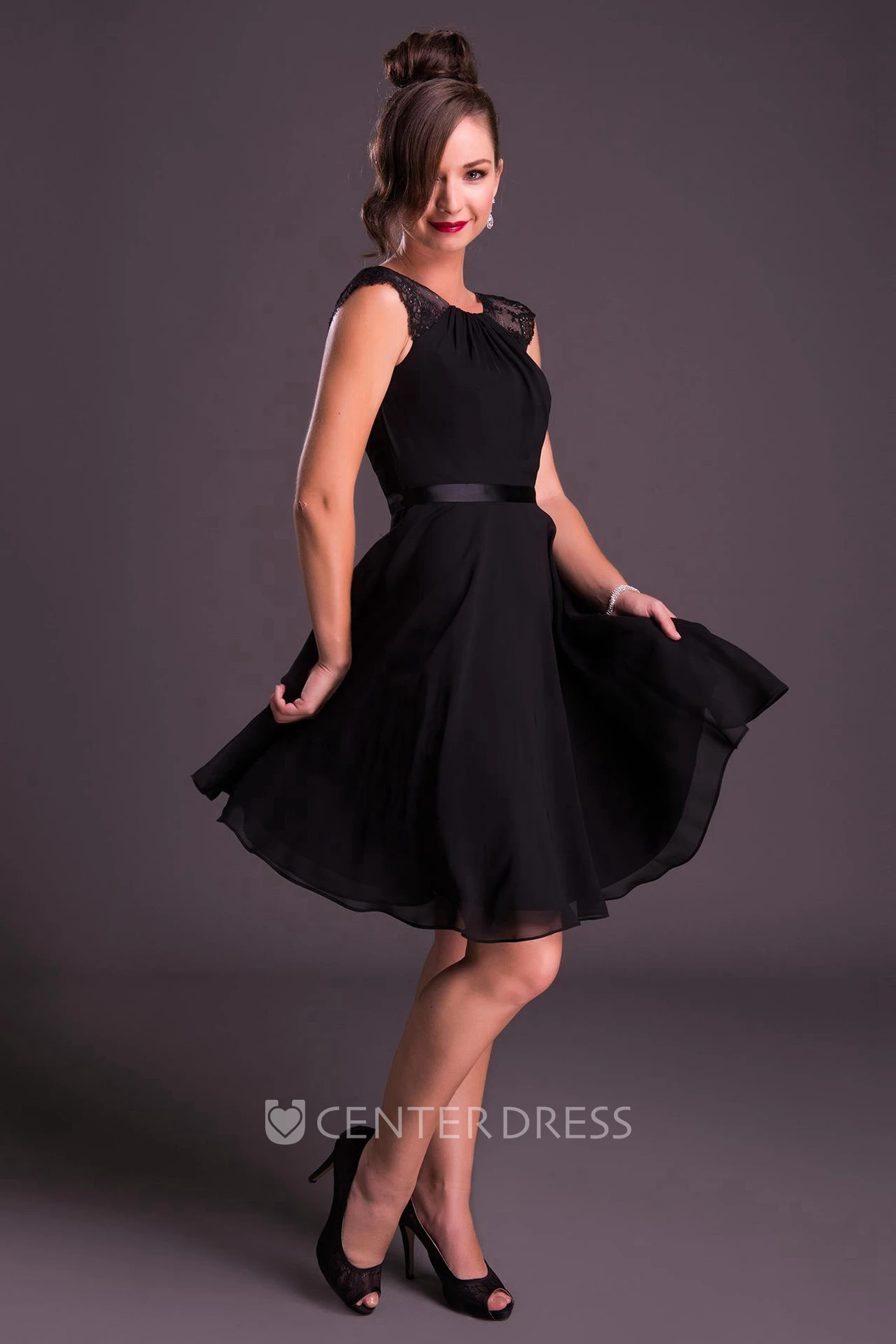 Mini Cap Sleeve Beaded Scoop Neck Chiffon Bridesmaid Dress With Ribbon