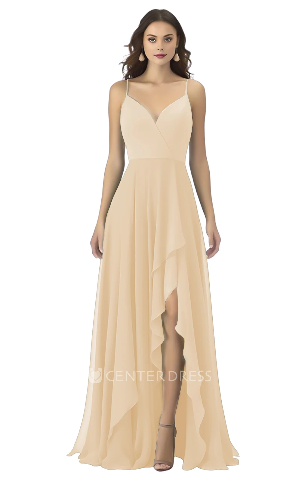 Bohemian A-Line Spaghetti Chiffon Bridesmaid Dress with Front Split Boho & Flowy