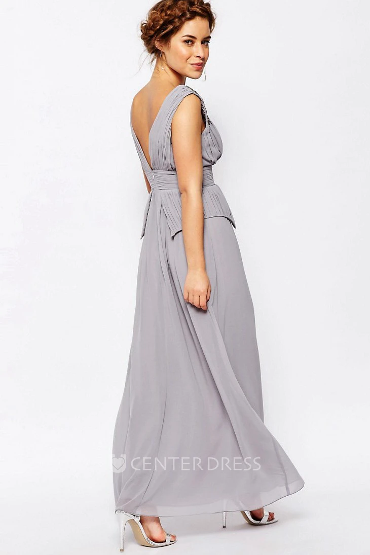 A-Line Ruched Ankle-Length V-Neck Sleeveless Chiffon Bridesmaid Dress With Beading