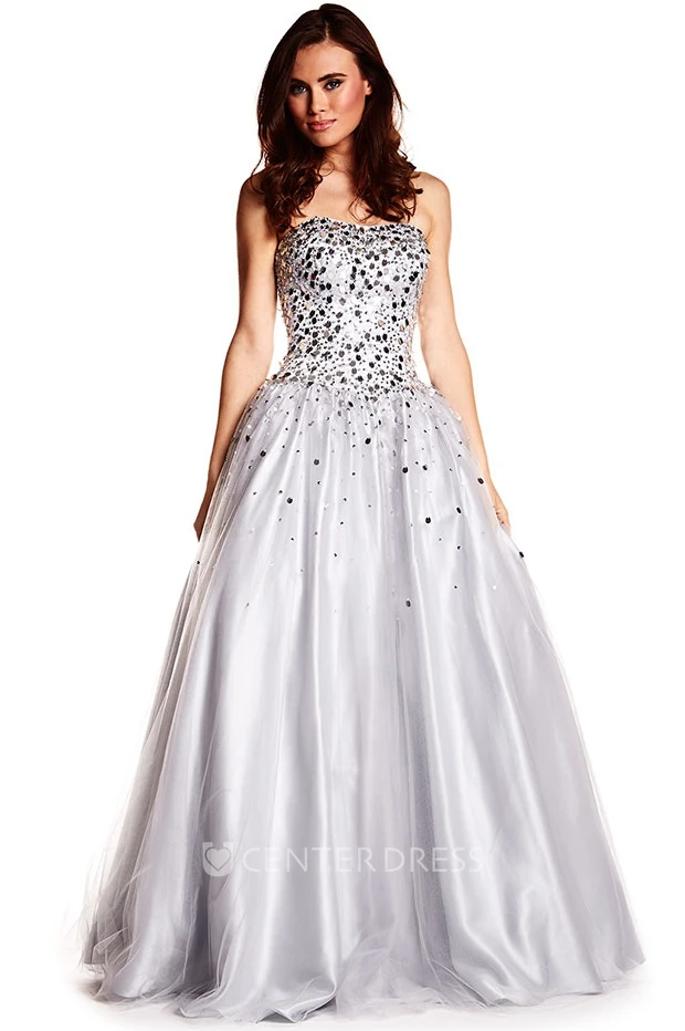 A-Line Sleeveless Floor-Length Sequined Sweetheart Tulle Prom Dress