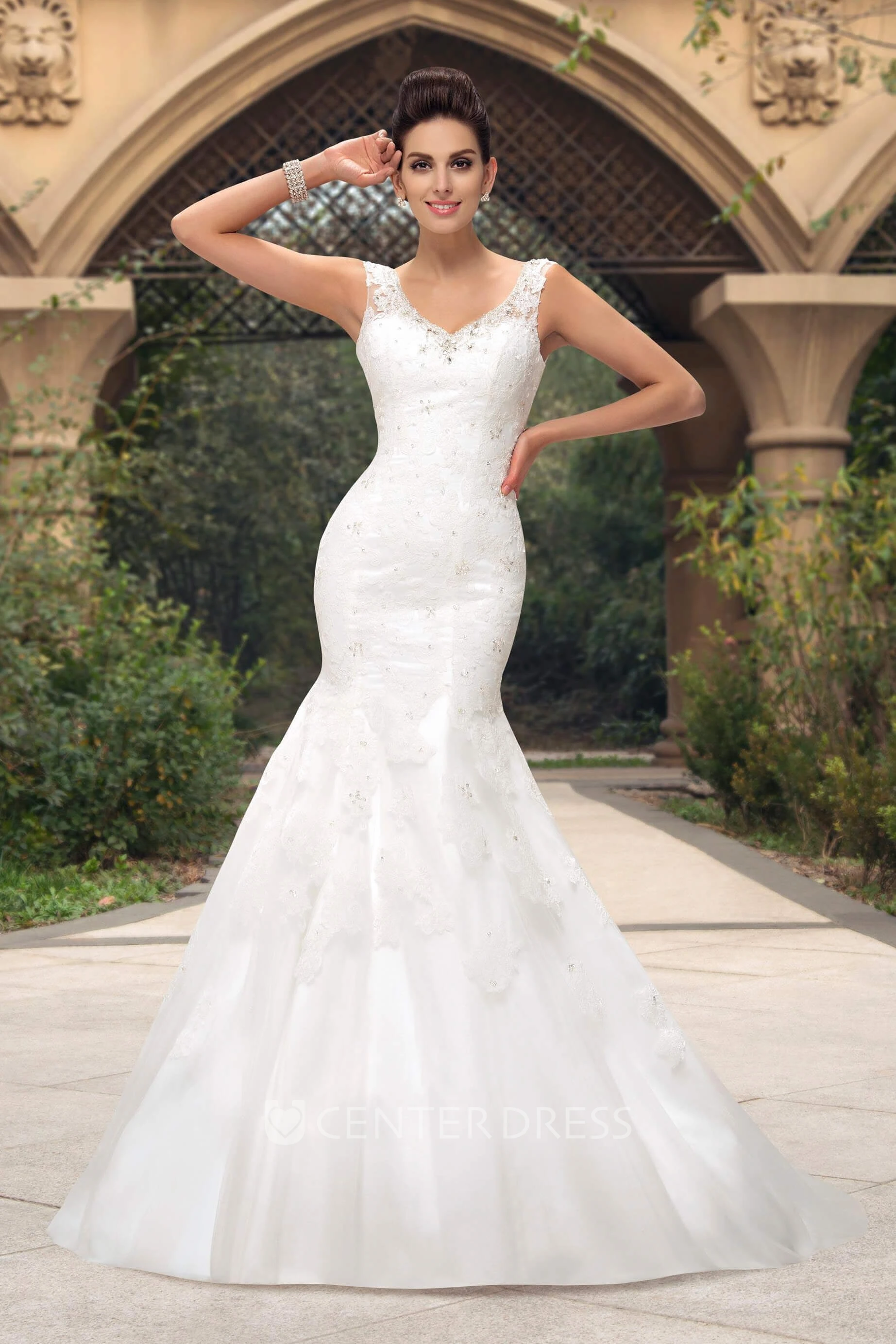 V-neck Lace Appliqued Sleeveless Mermaid Open Back Bridal Gown