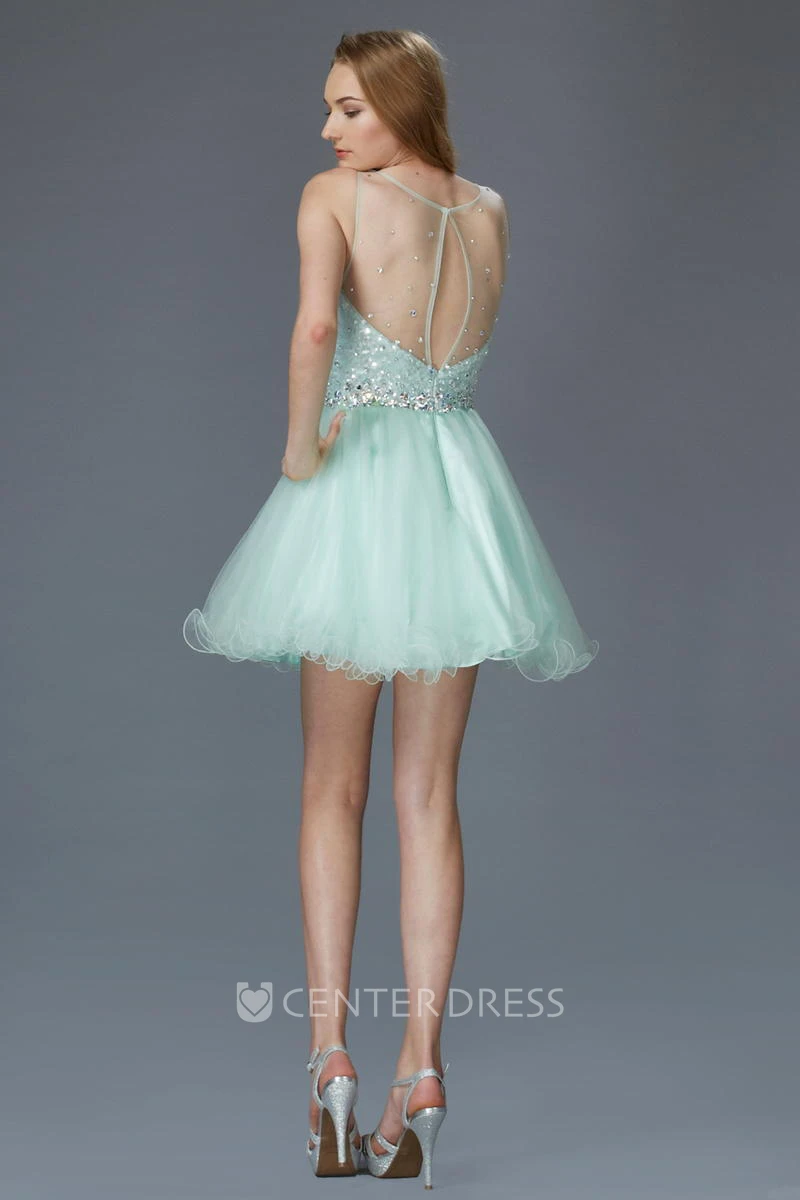 A-Line Short Scoop-Neck Sleeveless Tulle Illusion Dress With Sequins
