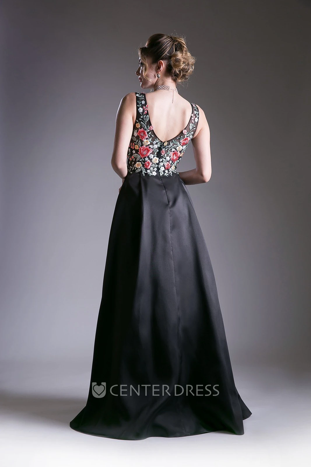 A-Line V-Neck Sleeveless Satin Low-V Back Dress With Embroidery