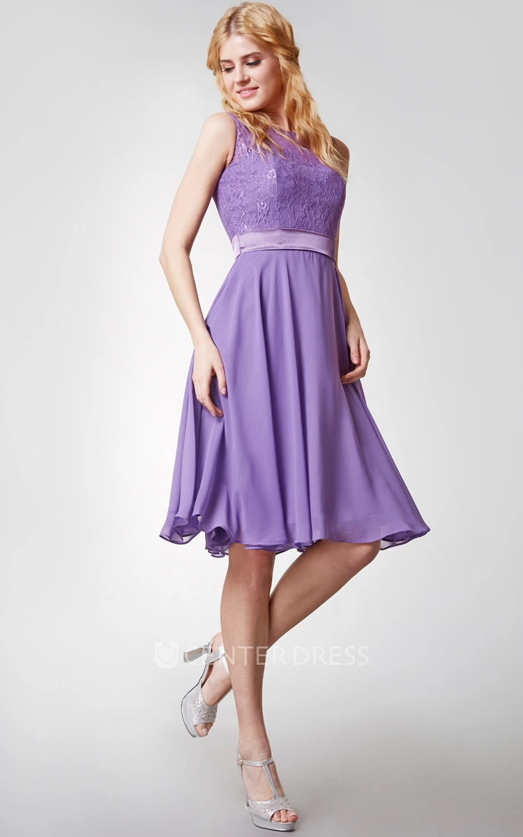 Sleeveless Bateau Neck Knee Length Chiffon Dress With Lace Bodice