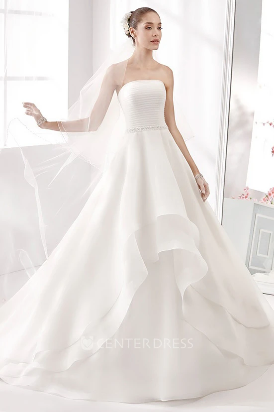 Strapless A-Line Wedding Gown With Pleated Bodice and Asymmetrically Ruffled Skirt