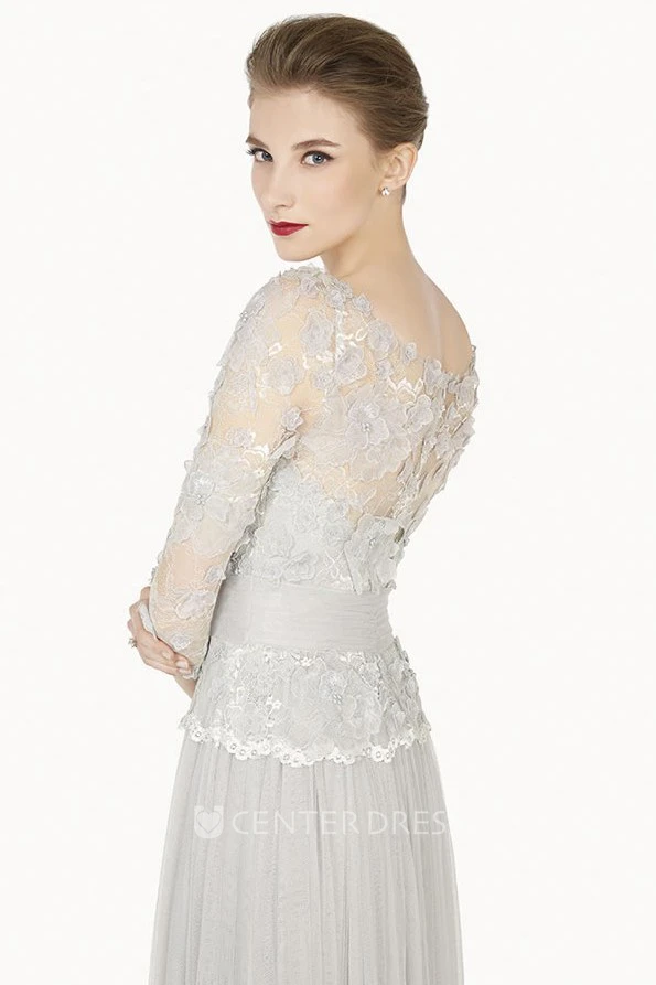 Sheath Floor-Length 3-4-Sleeve Appliqued Scoop-Neck Tulle Prom Dress With Flower