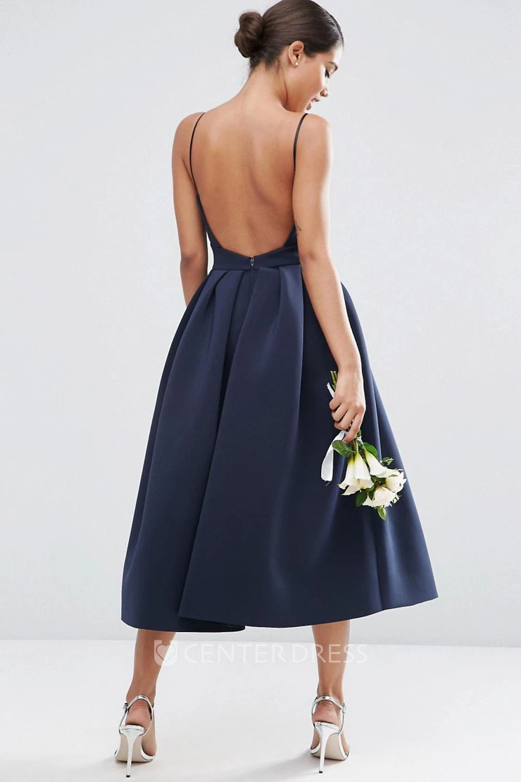 A-Line Spaghetti Tea-Length Sleeveless Satin Bridesmaid Dress