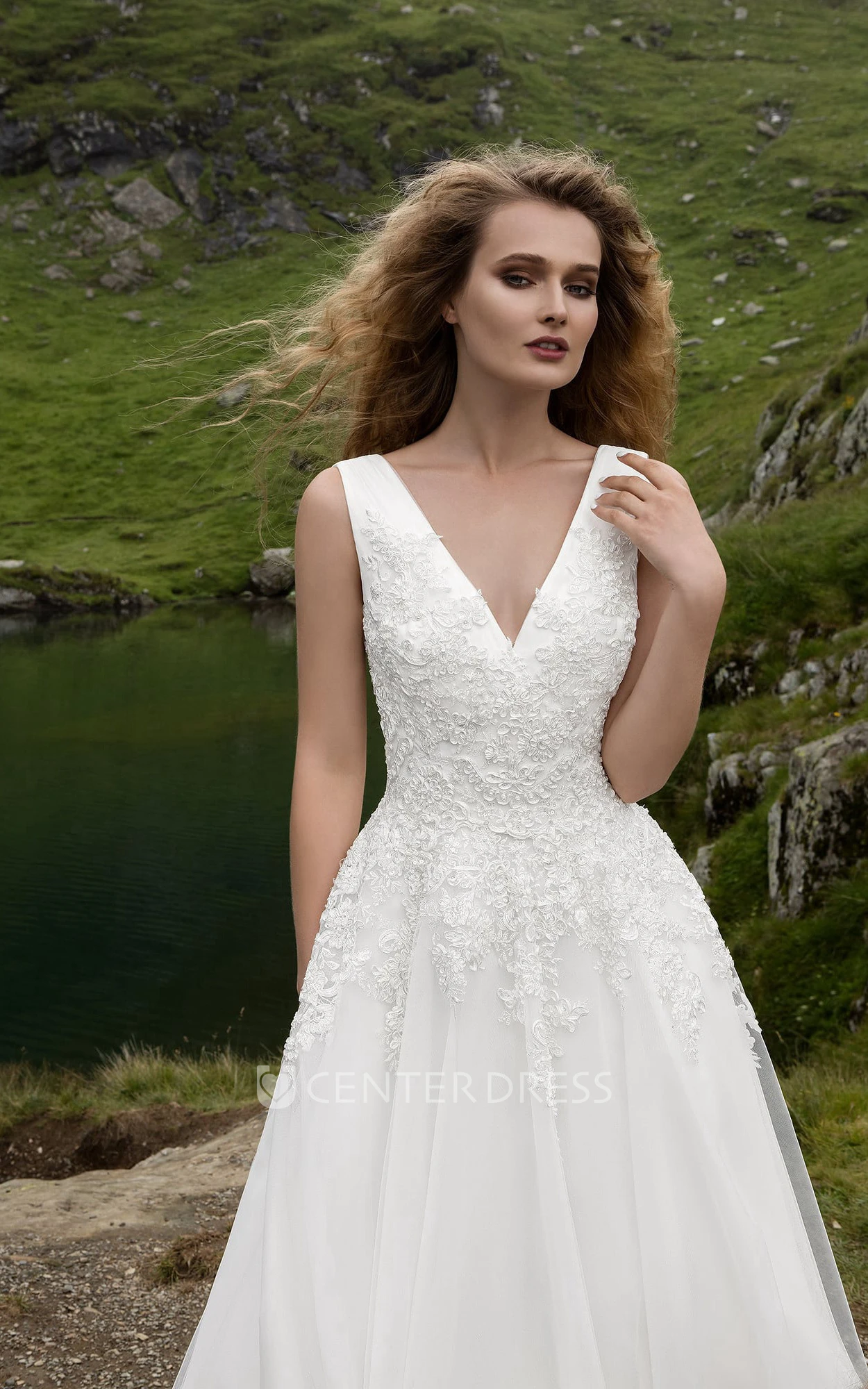 Sleeveless V-neck Appliques Tulle Dress With Low V Back