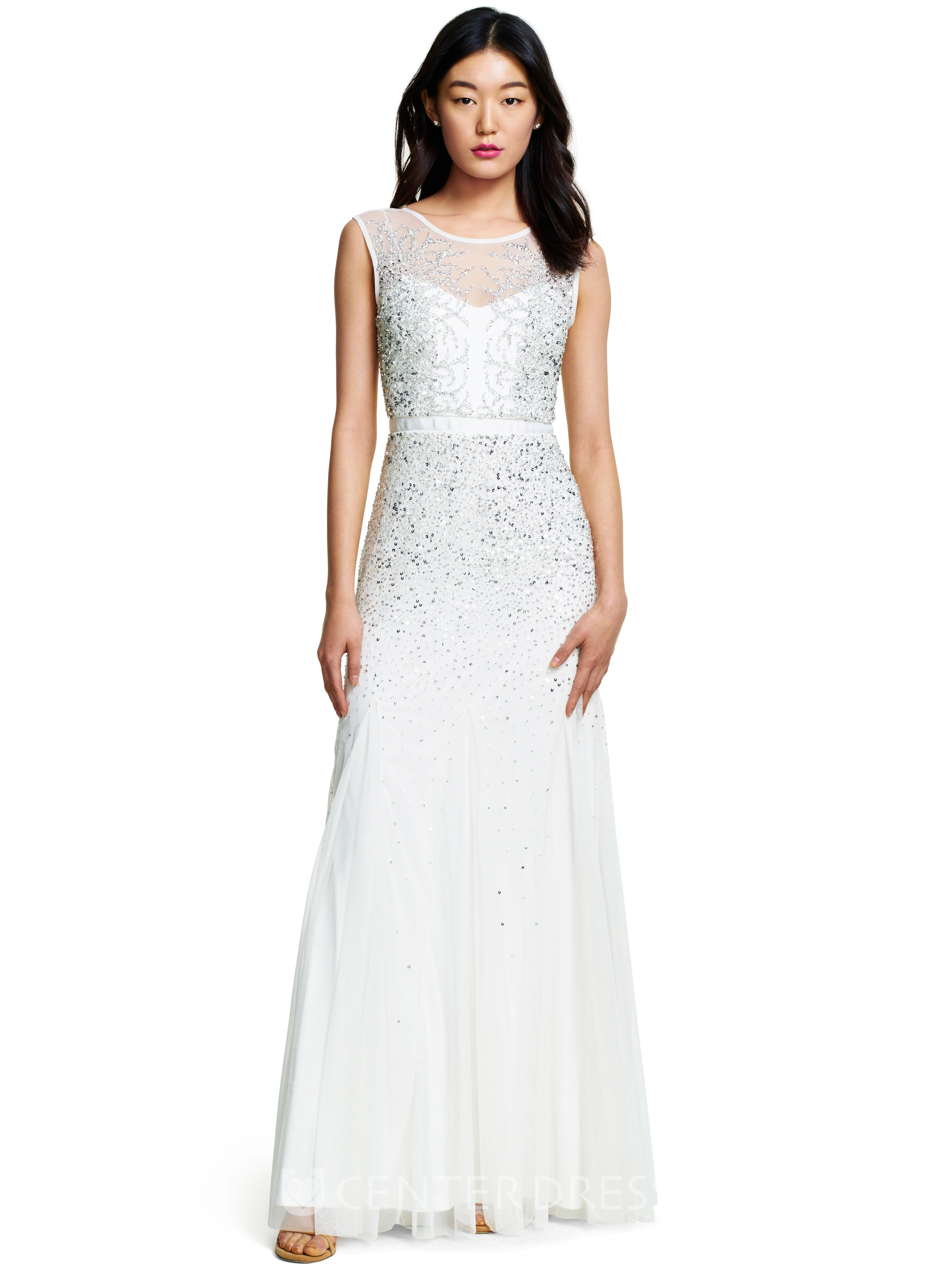 Sheath Sequined Sleeveless Scoop Neck Tulle Bridesmaid Dress With Low-V Back