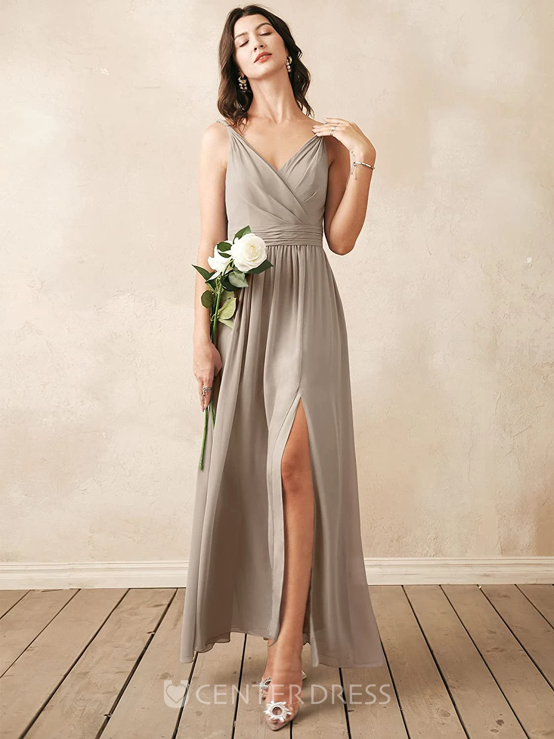 Romantic Chiffon Ankle-length V-neck A Line Sleeveless Bridesmaid Dress With Ruching