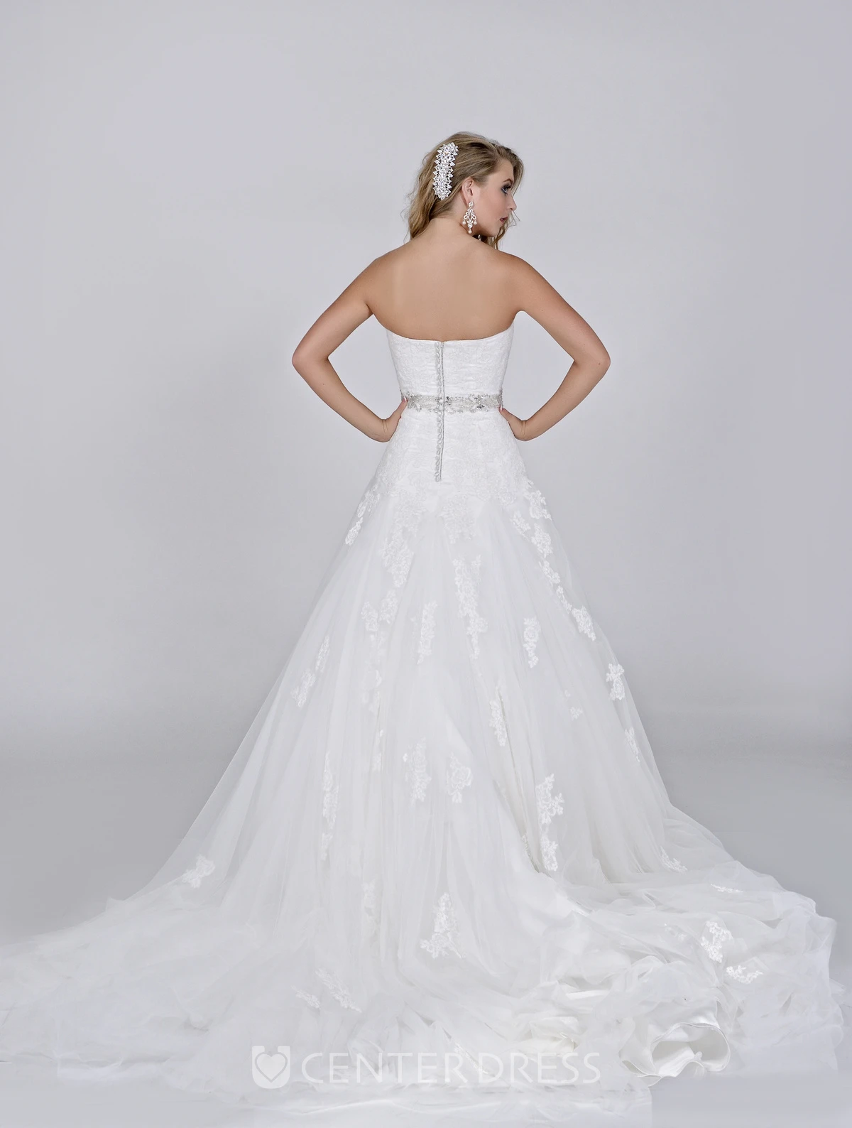 Strapless A-Line Lace Wedding Dress With Jeweled Waist And Back Buttons