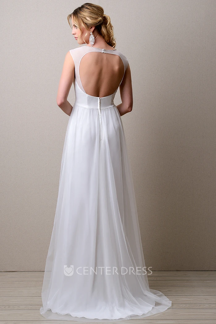 Jewel Neck Illusion Top Sleeveless Tulle Gown Featuring Keyhole Back
