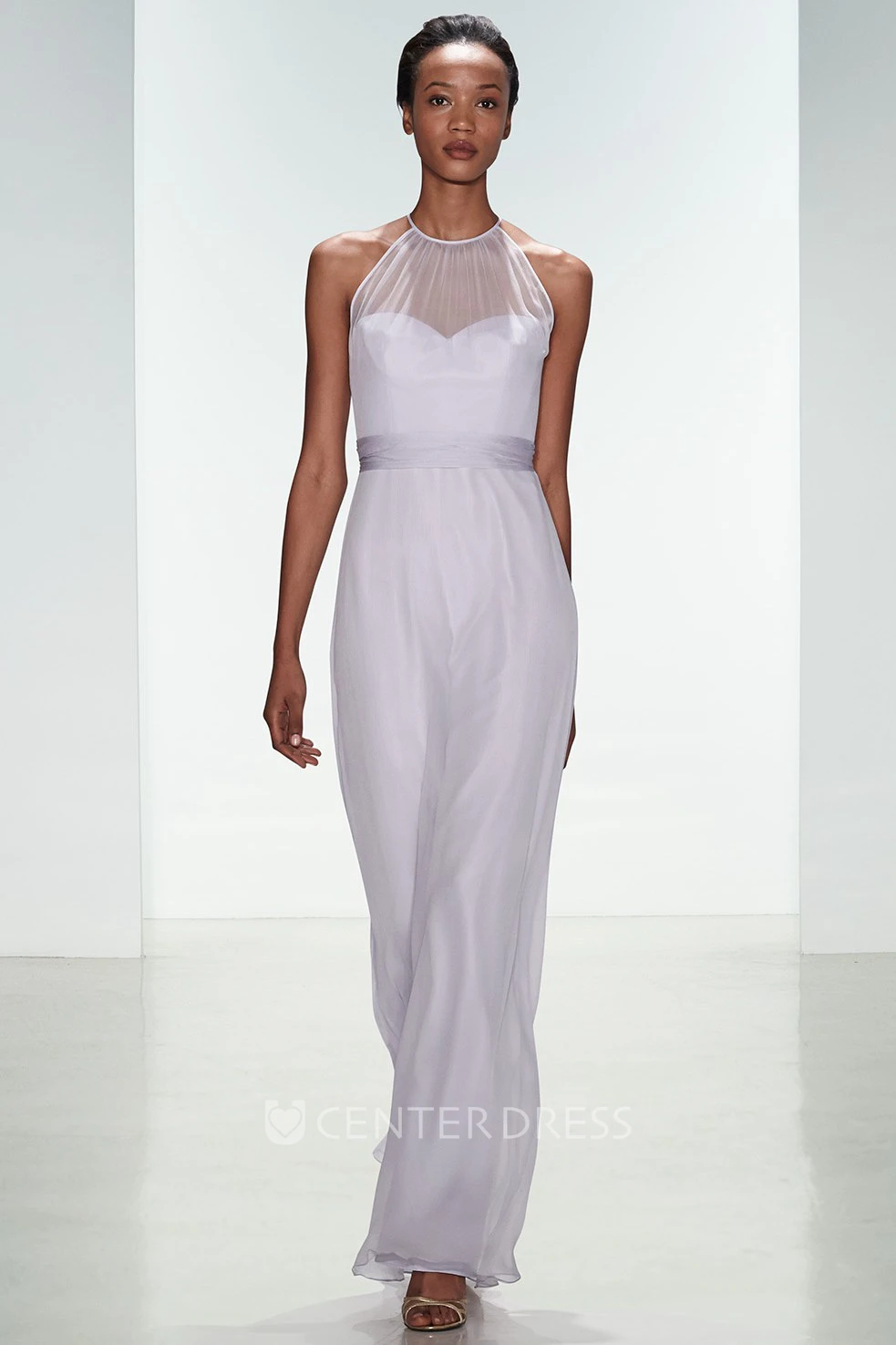 Sheath Ankle-Length Sleeveless Ribboned High Neck Satin Chiffon Bridesmaid Dress