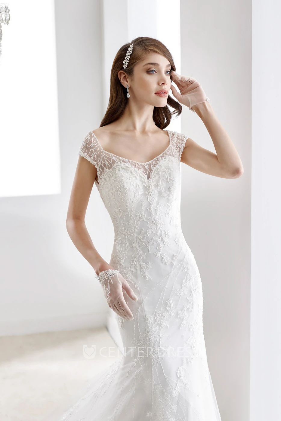 V-Neck Lace Long Gown With Appliques And Open Back