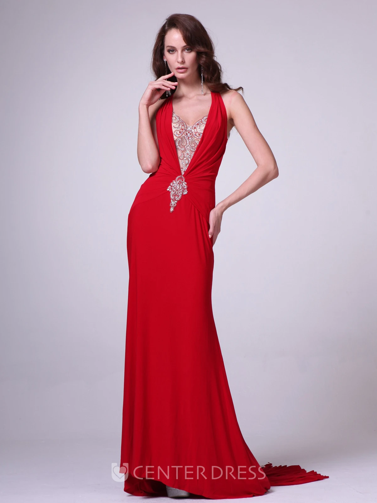 Sheath Long Sleeveless Jersey Sweep Train Dress With Beading