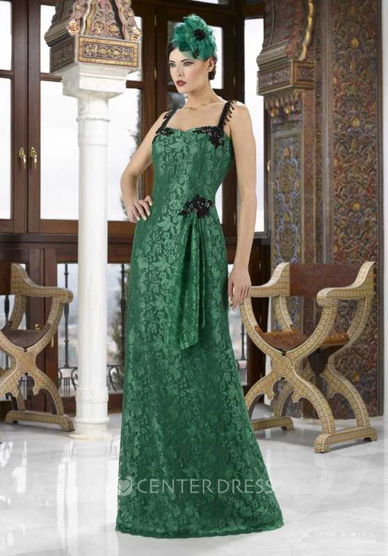 Appliqued Sleeveless Strapped Lace Mother Of The Bride Dress With Brush Train