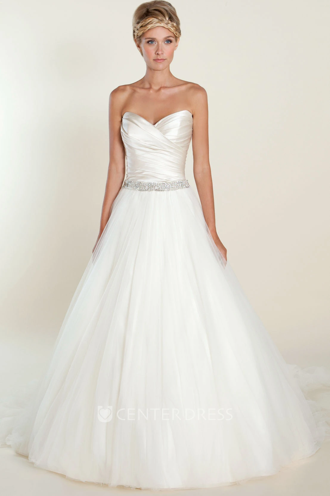 Ball Gown Sweetheart Long Jeweled Tulle&Satin Wedding Dress With Criss Cross And Pleats