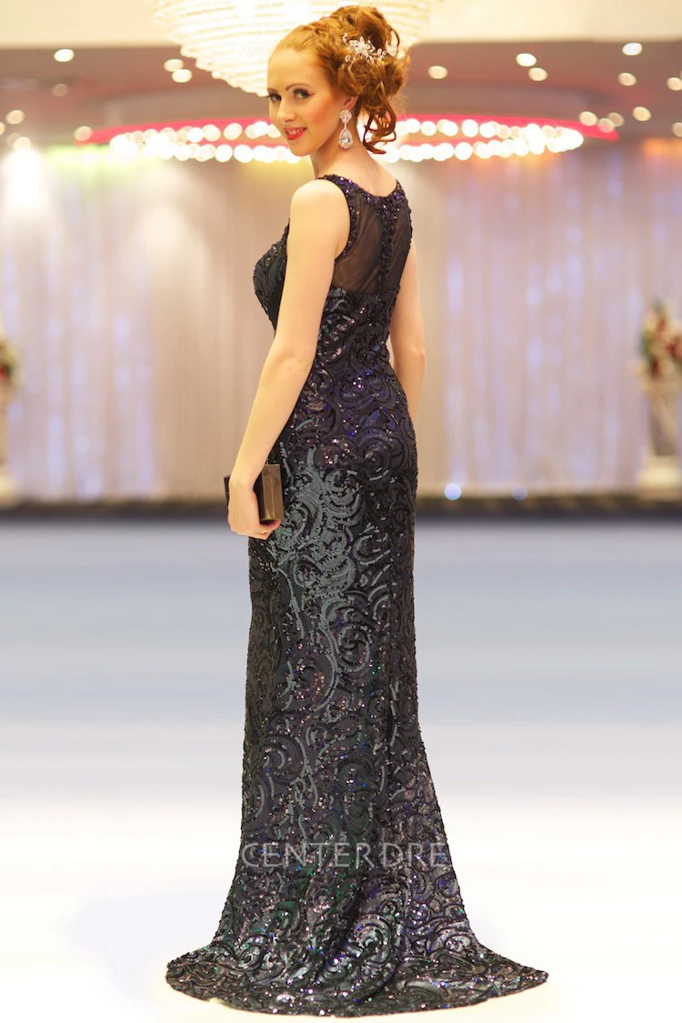 Sheath Scoop-Neck Sleeveless Floor-Length Beaded Sequins Prom Dress