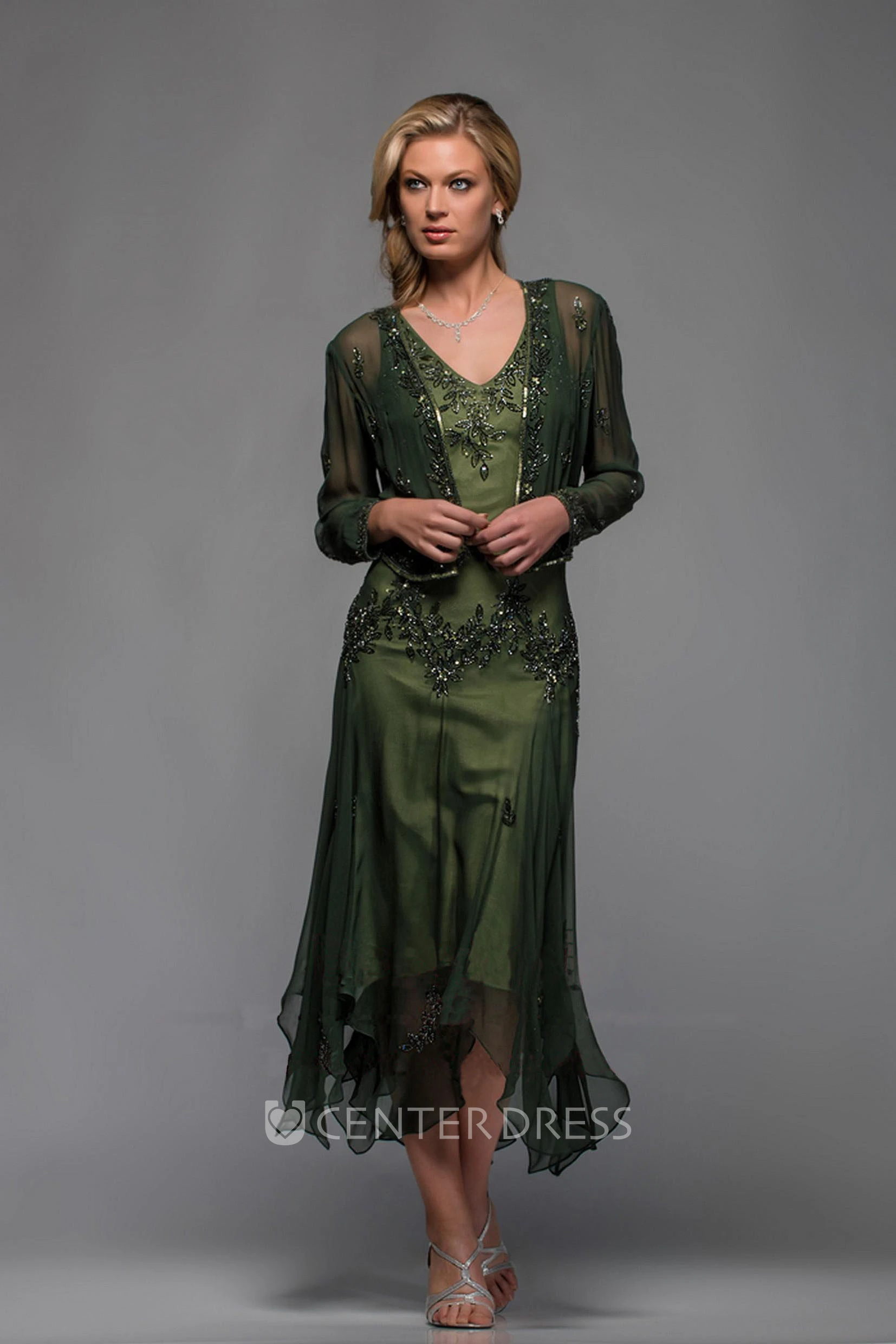 Casual Sheath Chiffon V-neck Tea-length Mother of The Bride Dress
