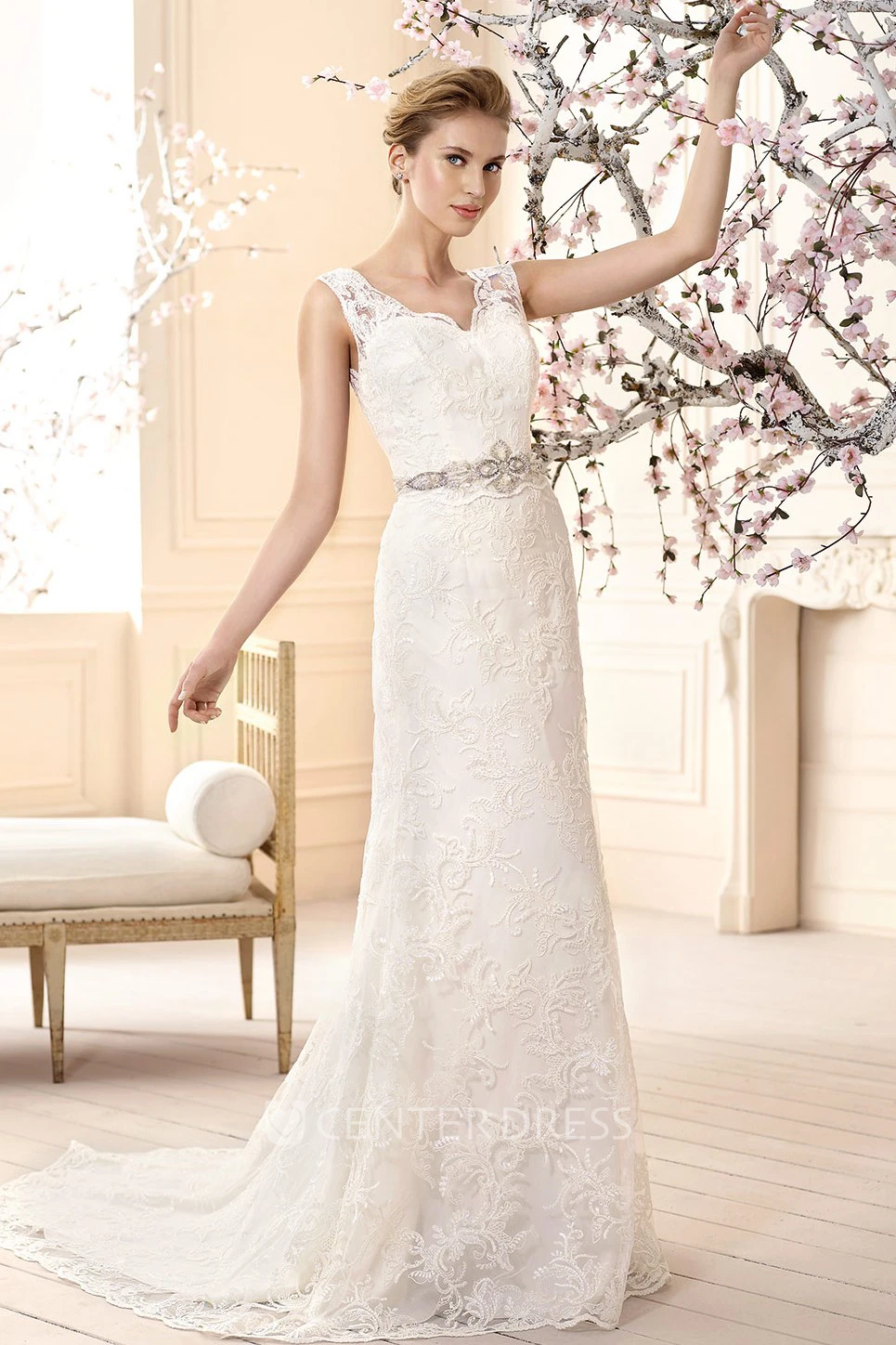 Sheath Floor-Length Appliqued V-Neck Sleeveless Lace Wedding Dress With Waist Jewellery