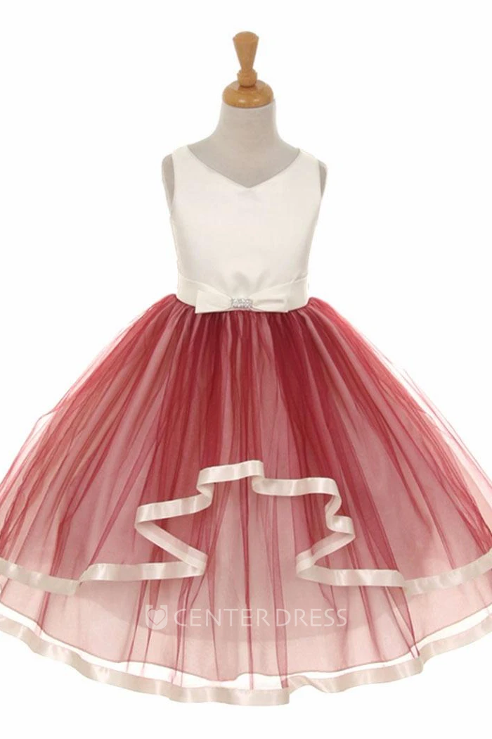 Peplum Tea-Length Bowed Tiered Tulle&Satin Flower Girl Dress With Sash