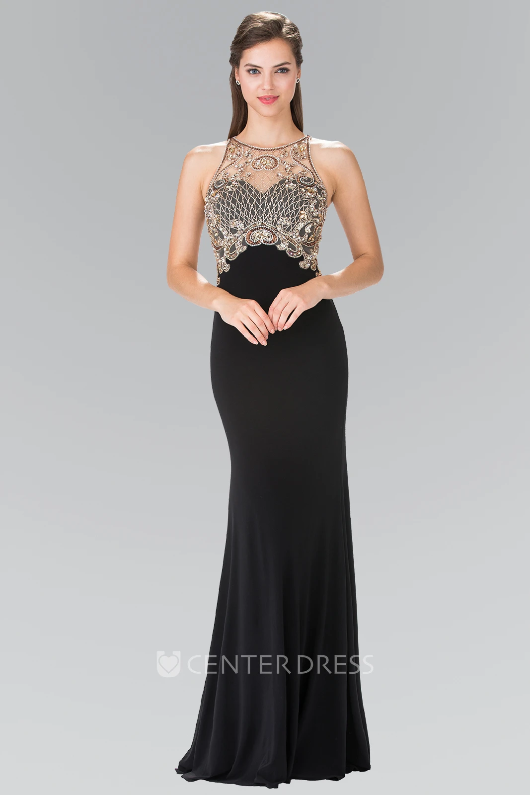 Sheath Long Jewel-Neck Sleeveless Jersey Dress With Beading