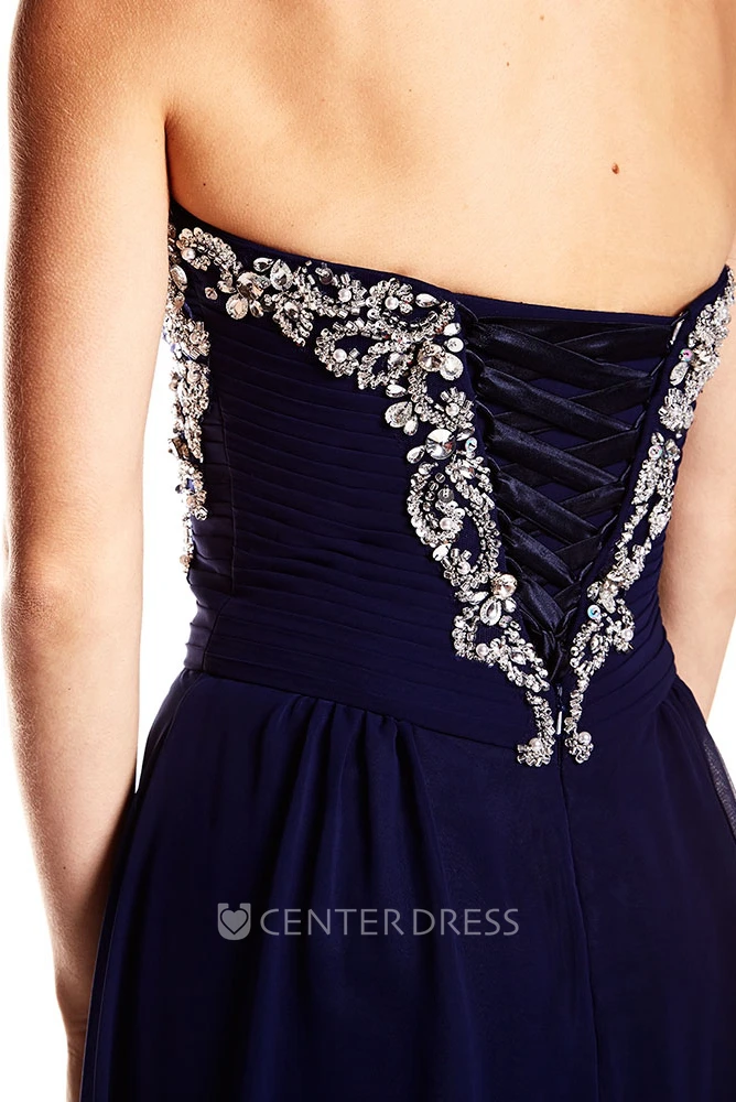 A-Line Sweetheart Sleeveless Maxi Beaded Chiffon Prom Dress With Lace-Up Back And Sweep Train