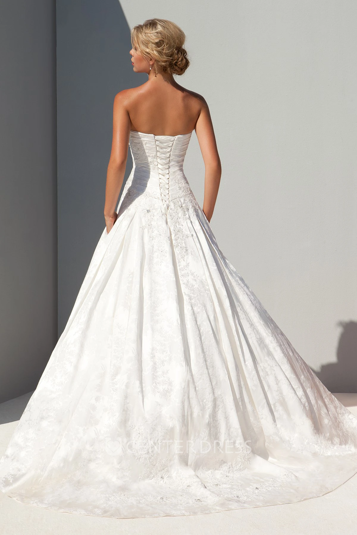 A-Line Sleeveless Long Sweetheart Criss-Cross Satin Wedding Dress With Appliques And Beading