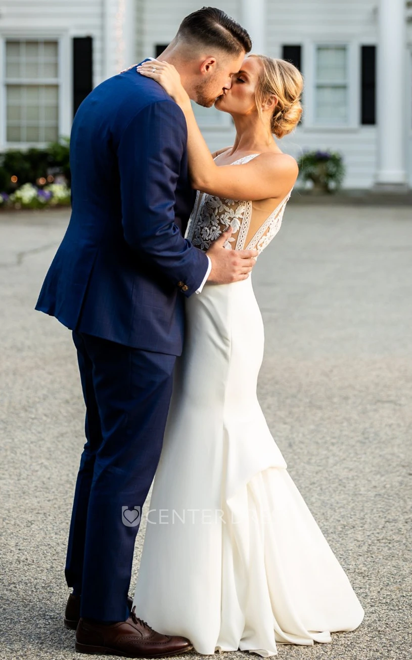 Sexy Mermaid Plunging Neckline Satin Sweep Train Spring Wedding Dress