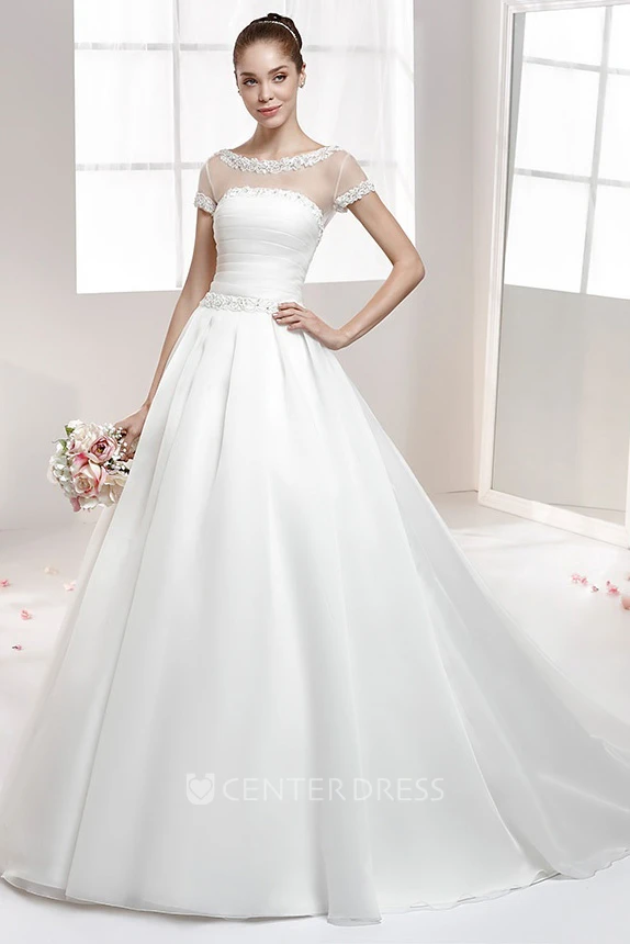 Jewel-Neck A-Line Gown With Beaded Details And Pleated Bodice