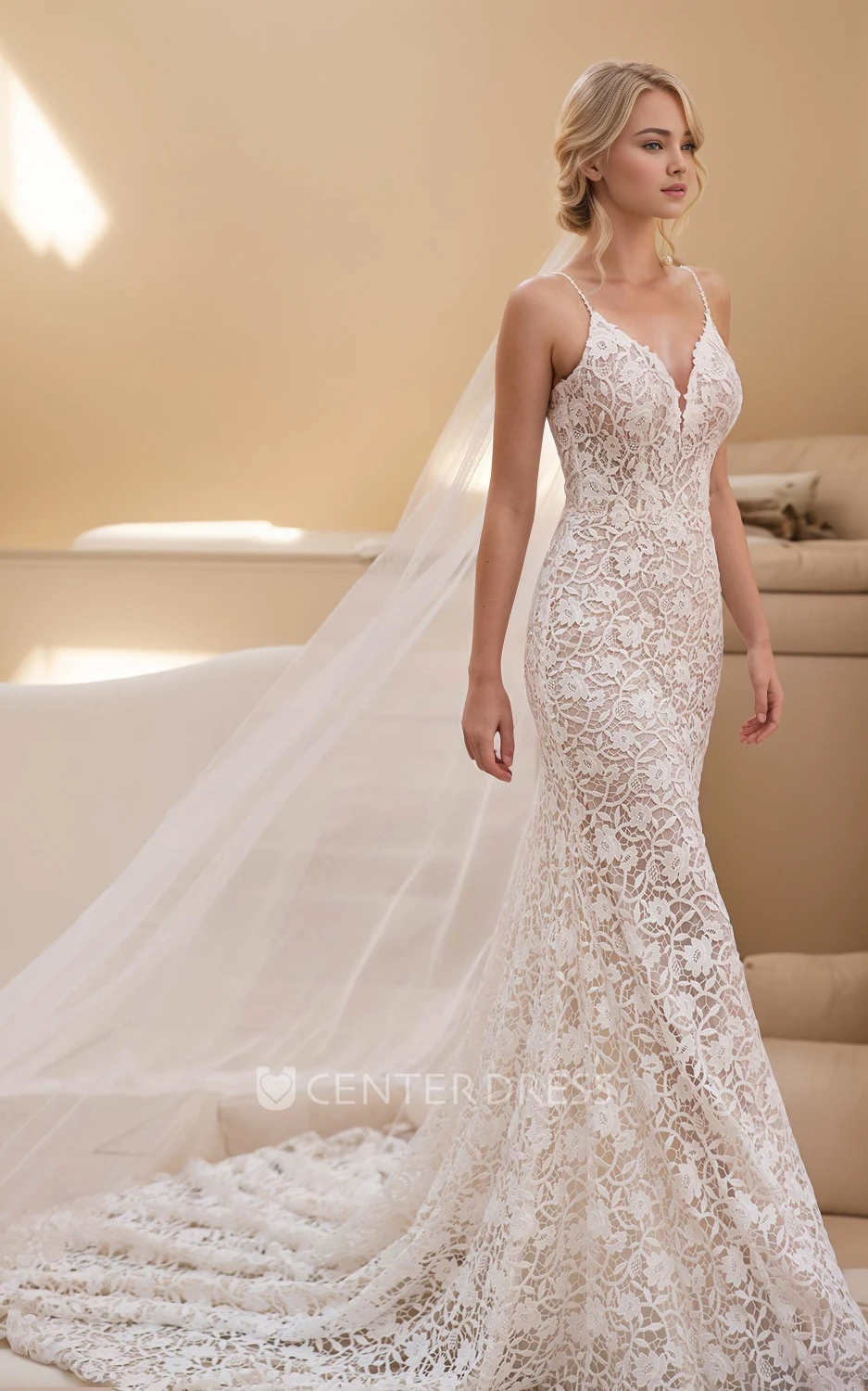 Elegant Vintage V-neck Trumpet Spaghetti Lace Wedding Dress Sexy Romantic Garden Sleeveless Floor-length Button Deep-V Back Bridal Gown with Train
