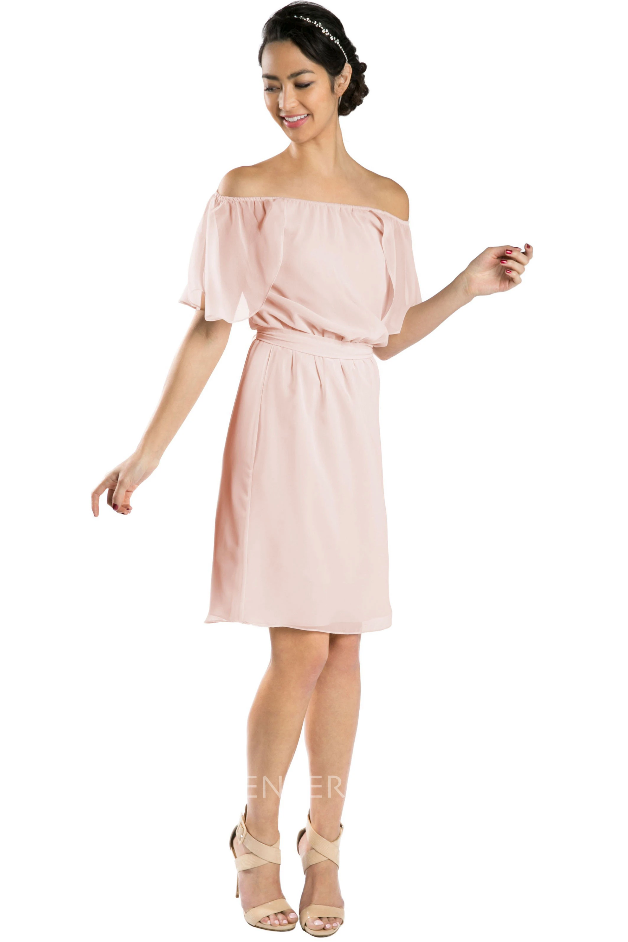 Knee-Length Bowed Short Sleeve Off-The-Shoulder Chiffon Muti-Color Convertible Bridesmaid Dress