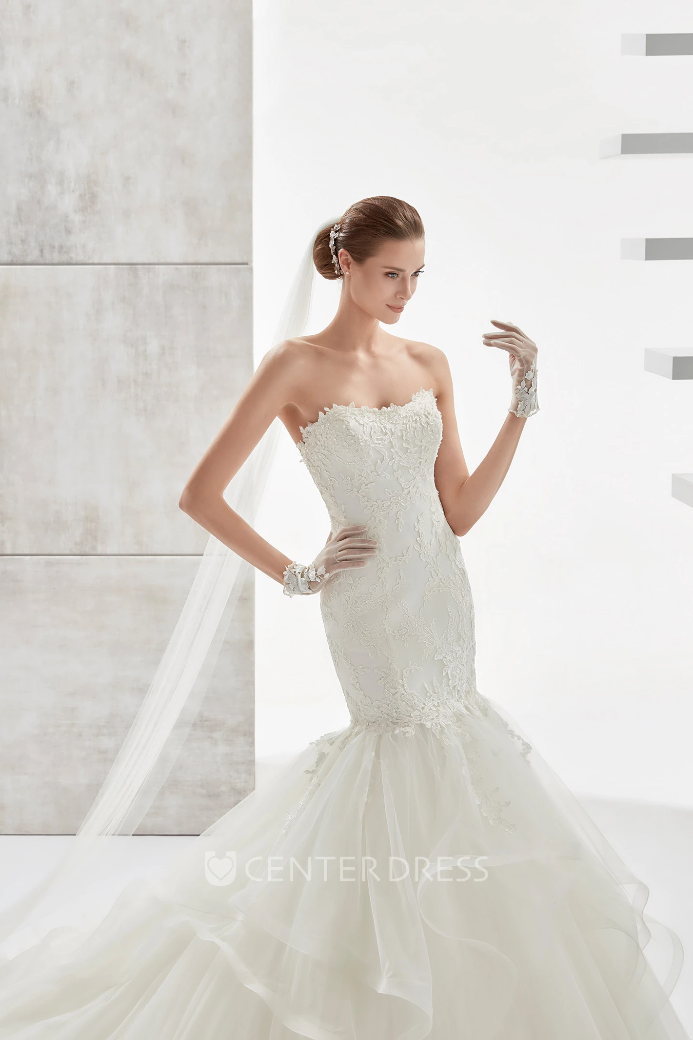 Strapless Mermaid Lace Wedding Dress with Ruffled Train and Appliques