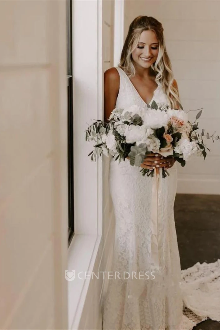 Ethereal Lace V-Neck Deep-V Back Bridal Gown with Court Train