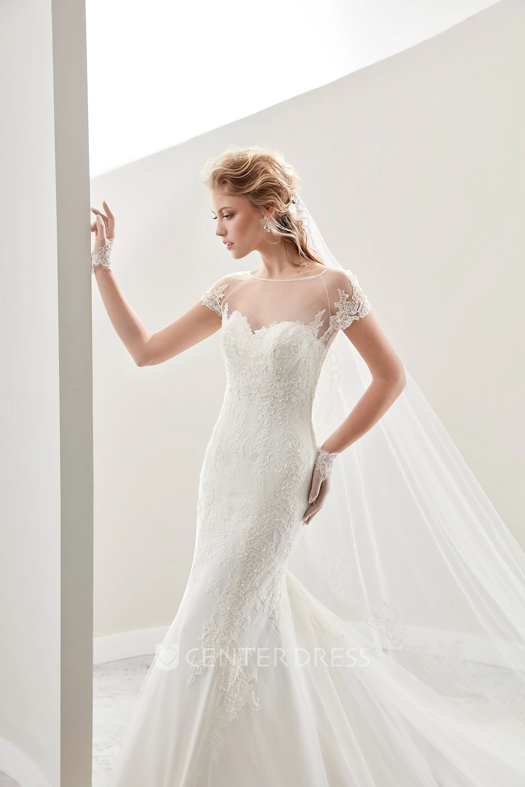 Illusion Jewel-Neck Sheath Bridal Gown With T-Shirt Sleeves And Court Train