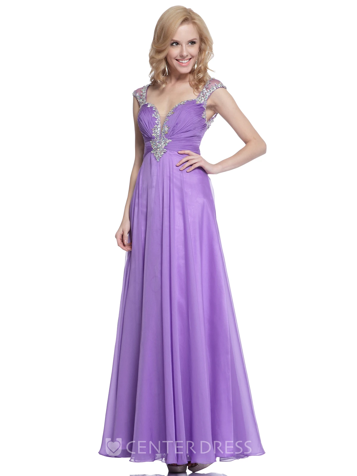 A-Line Ankle-Length Queen Anne Keyhole Dress With Ruching And Beading