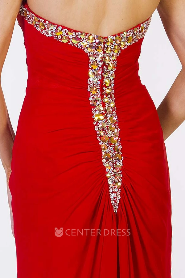 Sheath Floor-Length Beaded Sleeveless Sweetheart Chiffon Prom Dress With Low-V Back And Draping