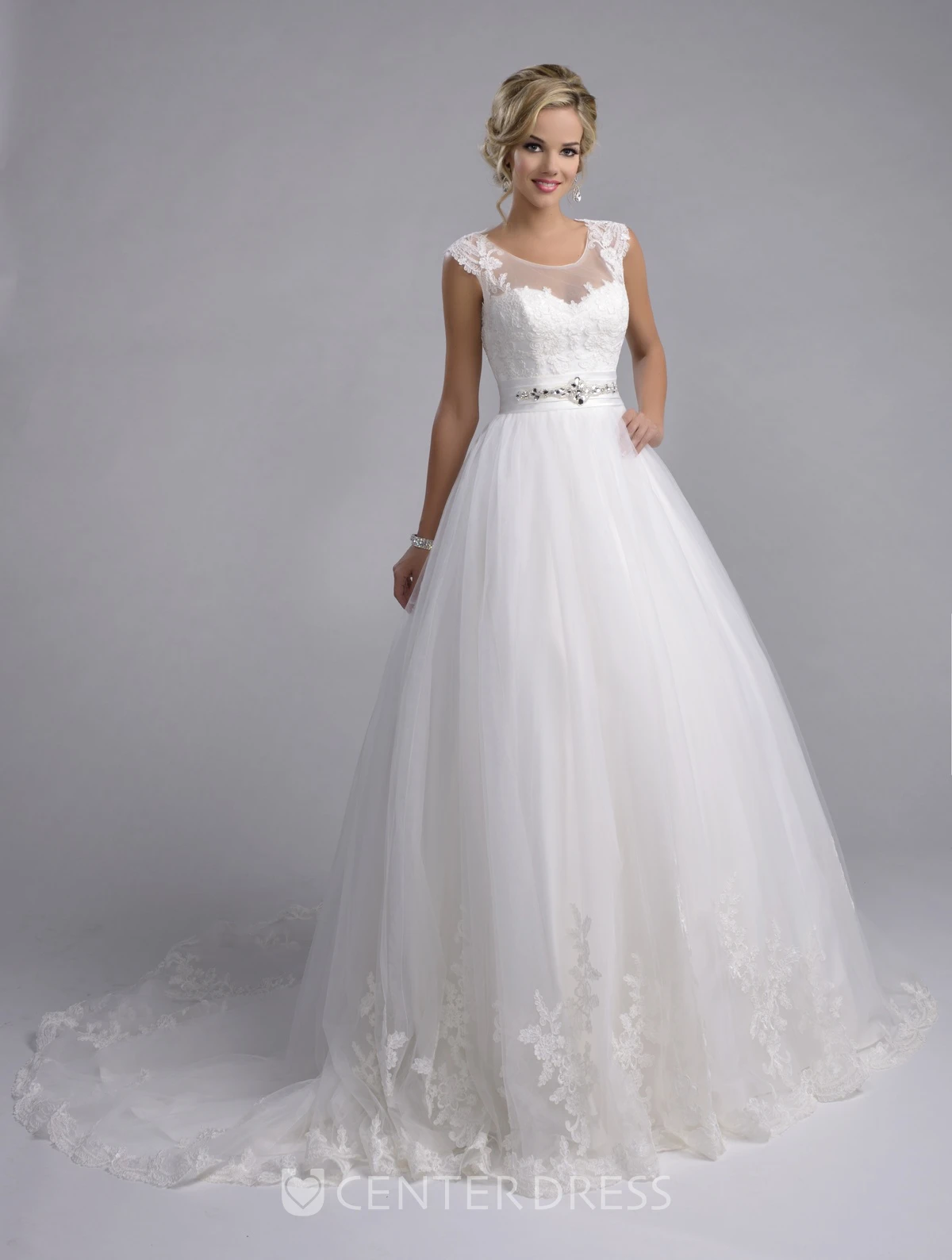 Lace-Appliqued Tulle A-Line Wedding Dress With Cap Sleeve And Keyhole Back